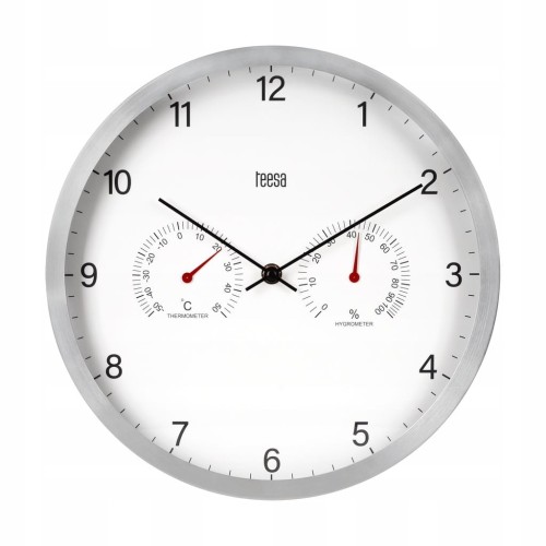 Zegar ścienny 30 cm TERMOMETR i HYDROMETR aluminiowy PŁYNNA i cicha praca