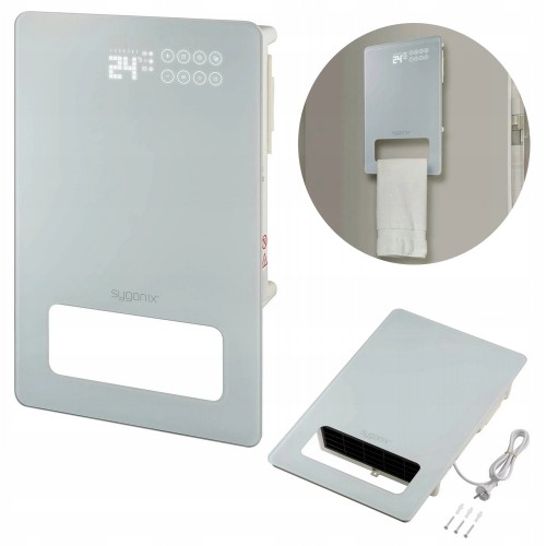 Grzejnik ścienny szklany 2000W 3 tryby regulacja temp uchwyt na ręczniki