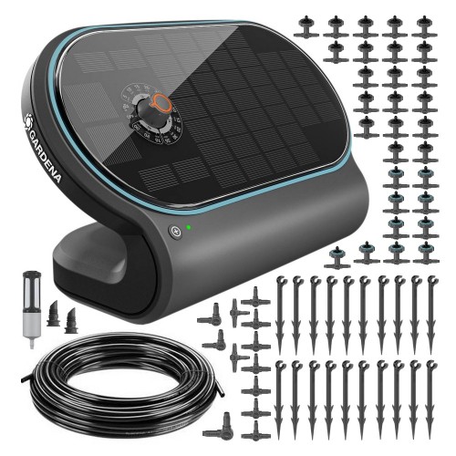 Solarny system nawadniania kroplowego sterownik Gardena 20m pompa 30 roślin