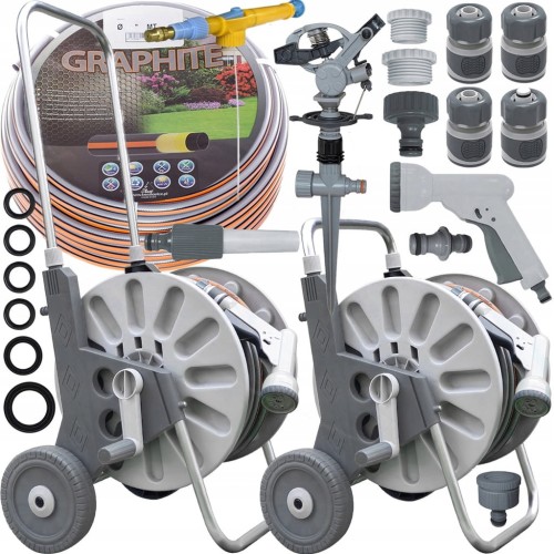 Wózek alu wąż ogrodowy 4-warstwowy 1/2 50 metrów zraszacz duży zestaw