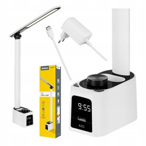 Lampka biurkowa lampa zegar reg intensywność barwa szybka ładowarka USB