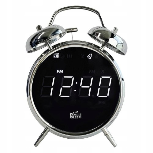 Budzik z radiem chromowany antena biały wyświetlacz LED zegar retro 12/24