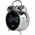 Budzik z radiem chromowany antena biały wyświetlacz LED zegar retro 12/24